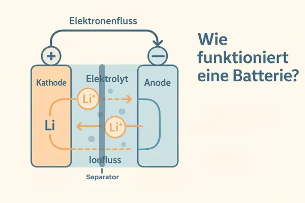 Schema erklärt, wie funktioniert eine Batterie: Lithiumionen wandern durch den Elektrolyten, während Elektronen fließen.