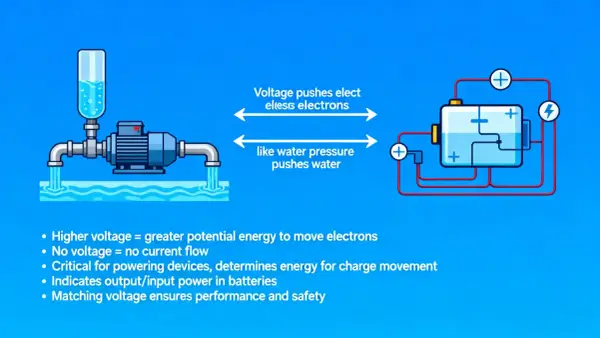 Vergleich von Wasserpumpe und Batterie: Spannung schiebt Elektronen wie Wasserdruck. Der effektivwert wechselspannung ist entscheidend.